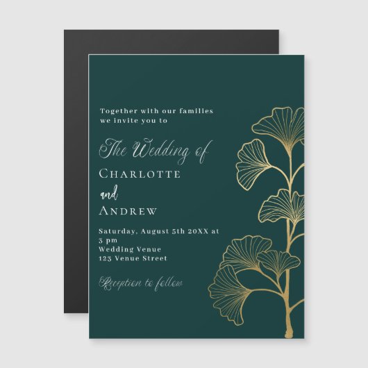 Bruiloft smaragdgroene ginkgo laat gouden luxe magnetische uitnodiging (Voorkant / Achterkant)