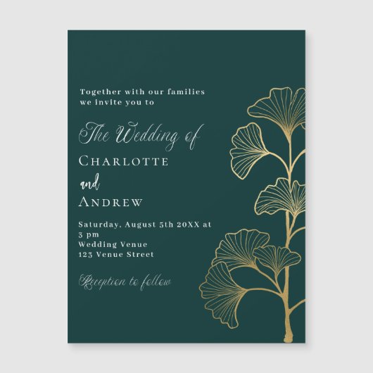Bruiloft smaragdgroene ginkgo laat gouden luxe magnetische uitnodiging (Voorkant)