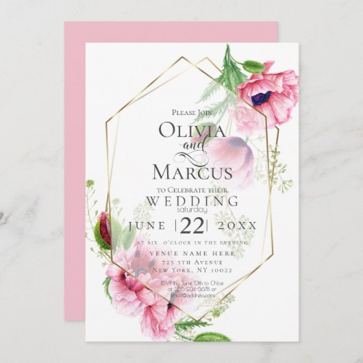 BRUILOFT | Spring Pink Poppy Floral Kaart (Voorkant / Achterkant)