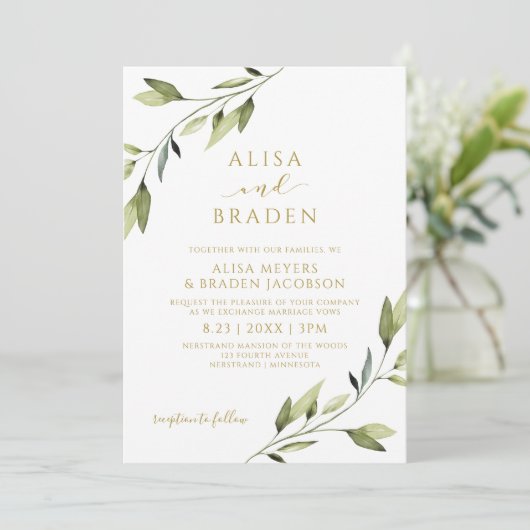 Bruiloft sprookje groen gouden Waterverf wijnstokk Kaart (Staand voorkant)