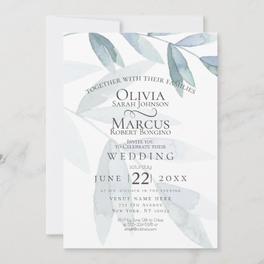 Bruiloft | Stamblauwe Waterverf Eucalyptusbladeren Kaart (Voorkant)