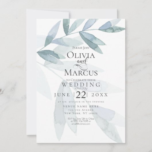 Bruiloft | Stamblauwe Waterverf Eucalyptusbladeren Kaart (Voorkant)