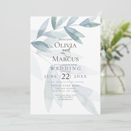 Bruiloft | Stamblauwe Waterverf Eucalyptusbladeren Kaart (Staand voorkant)