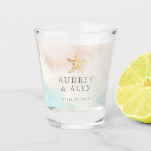 Bruiloft Stervis Shotglas met Strandthema Shot Glas (Voorkant)
