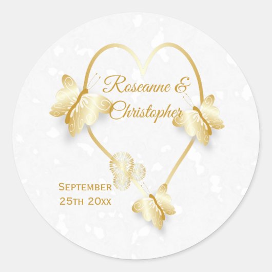 Bruiloft Sticker Goudkleurige Hart Vlinders (Voorkant)