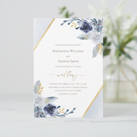 Bruiloft · Stoffig blauw waterverf lijst Kaart (Staand voorkant)