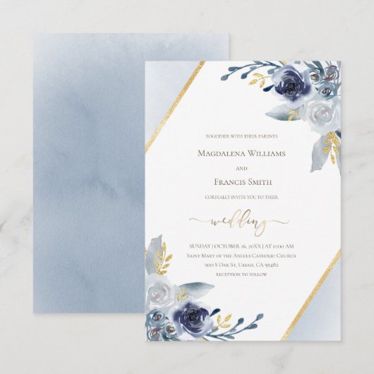 Bruiloft · Stoffig blauw waterverf lijst Kaart (Voorkant / Achterkant)