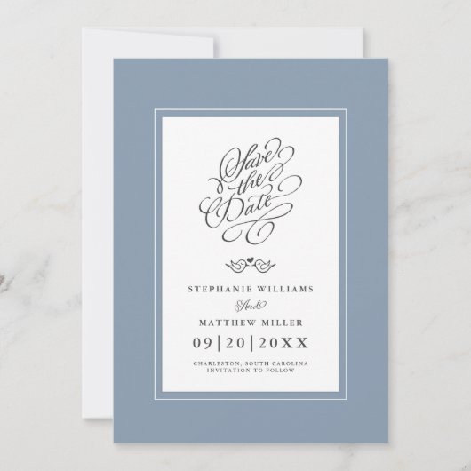 Bruiloft Stoffige Blauwe Kalligrafie Printable Dig Save The Date (Voorkant)