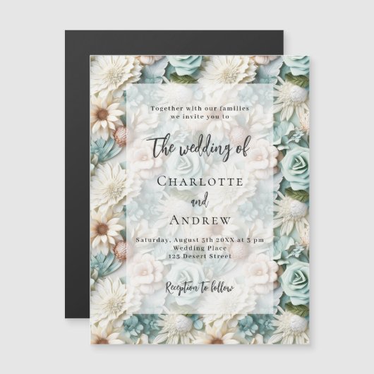 Bruiloft stoffige groene witte bloemen elegante lu magnetische uitnodiging (Voorkant / Achterkant)