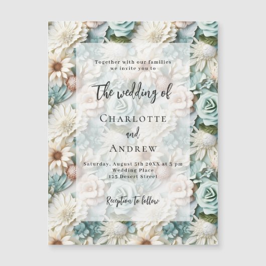 Bruiloft stoffige groene witte bloemen elegante lu magnetische uitnodiging (Voorkant)