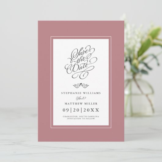 Bruiloft Stoffige Roos Kalligrafie Printable Digit Save The Date (Staand voorkant)