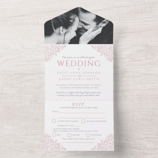 Bruiloft stoffige roze wit blad foto hoofdmaaltijd all in one uitnodiging (Binnen)