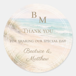 Bruiloft strand kust bedankingscadeau ronde sticker