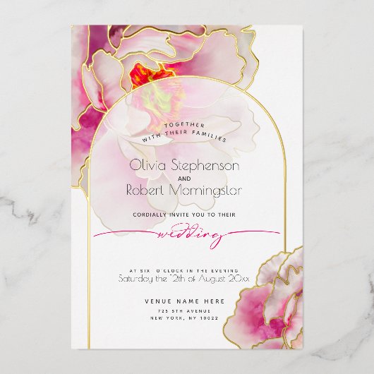 Bruiloft | Stunning Bright Bold Crimson Peony Folie Uitnodiging (Voorkant)