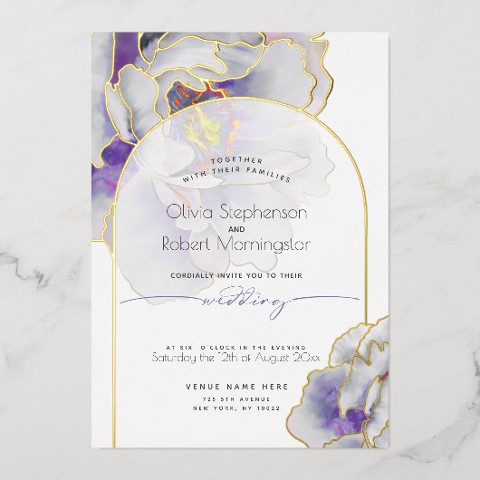 Bruiloft | Stunning Paars Peony Folie Uitnodiging (Voorkant)