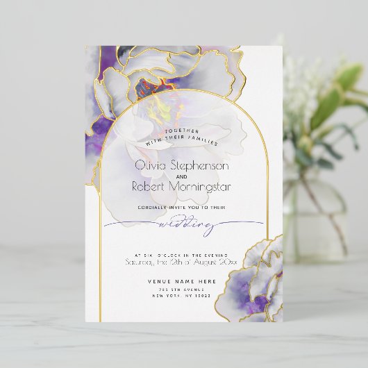 Bruiloft | Stunning Paars Peony Folie Uitnodiging (Staand Voorkant)