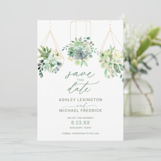 Bruiloft Succulent Waterverf Groene Plantendecor S Save The Date (Staand voorkant)