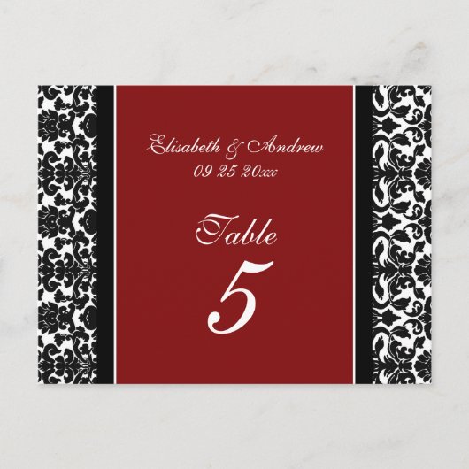 Bruiloft Tafel Nummer Kaarten Rood Damask (Voorkant)