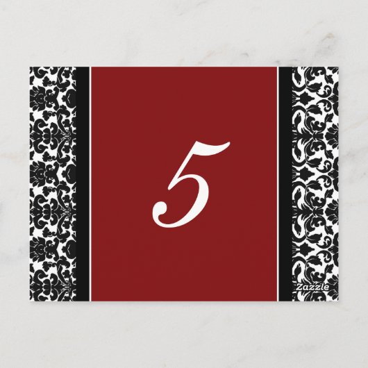 Bruiloft Tafel Nummer Kaarten Rood Damask (Achterkant)
