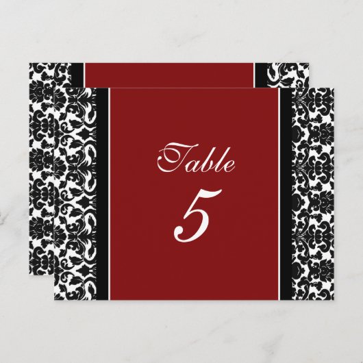 Bruiloft Tafel Nummer Kaarten Rood Damask (Voorkant / Achterkant)