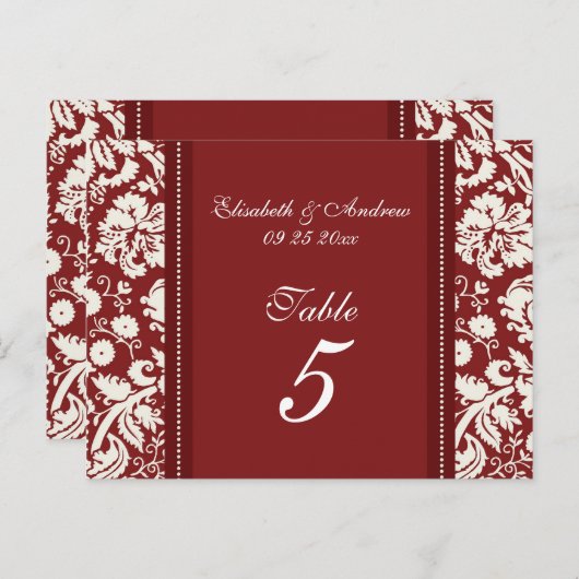 Bruiloft Tafel Nummer Kaarten Rood Damask (Voorkant / Achterkant)