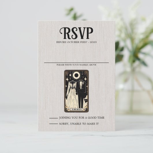 Bruiloft Tarot RSVP Kaartje (Staand voorkant)