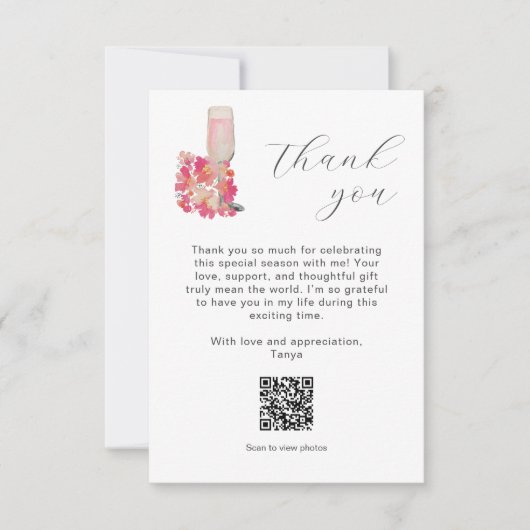 Bruiloft Thank you Bloemblaadjes Prosecco QR Code Bedankkaart (Voorkant)