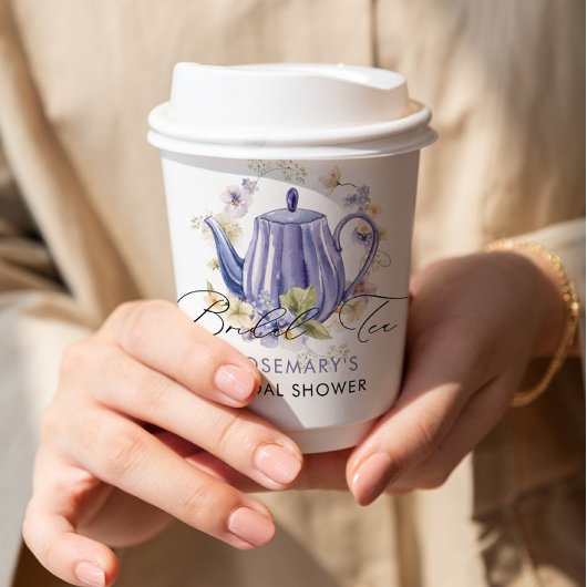 Bruiloft Thee Paarse Theepot Bruidsmeisjes Uitnodi Papieren Bekers