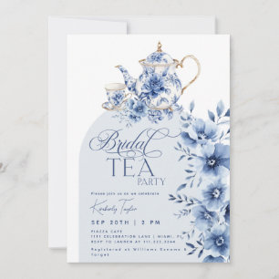 Bruiloft Theepartij Blauw Chinoiserie Bruidsuitnod Kaart