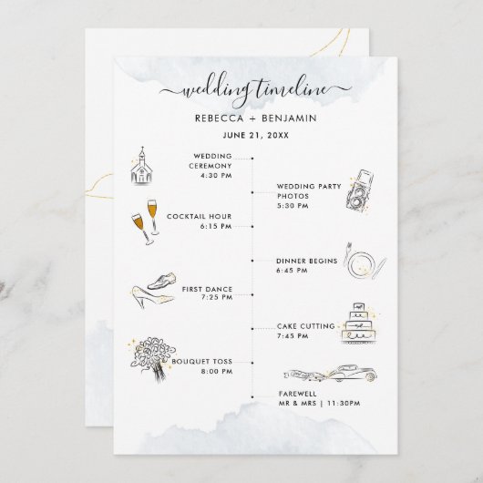 Bruiloft Tijdlijn Moderne Iconen en Route Programmakaart (Voorkant / Achterkant)