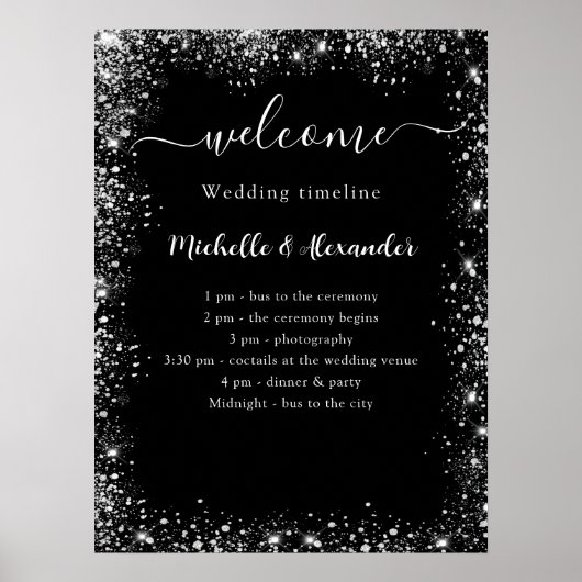Bruiloft tijdlijn programma zwart zilver wit poster (Voorkant)