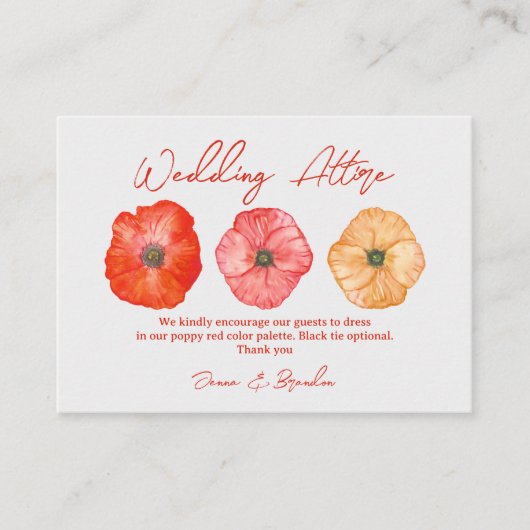 Bruiloft tinten van rode papaver kleding 3 kleur p informatiekaartje (Voorkant)