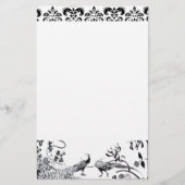 BRUILOFT TORTELDUIFJES Zwart Witte Pauw Damask Briefpapier (Voorkant)