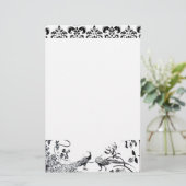 BRUILOFT TORTELDUIFJES Zwart Witte Pauw Damask Briefpapier (Staand voorkant)