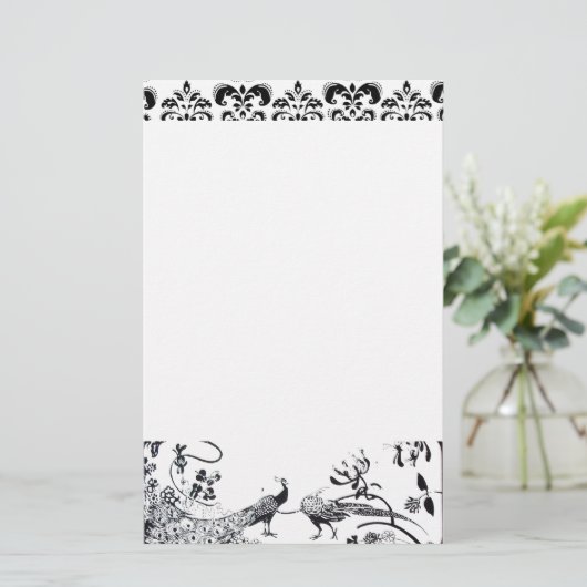 BRUILOFT TORTELDUIFJES Zwart Witte Pauw Damask Briefpapier (Staand voorkant)