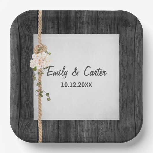 Bruiloft touw knoop op schuur hout papieren bordje (Voorkant)