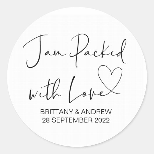 Bruiloft traktatie pot gunst jam verpakt met liefd ronde sticker (Voorkant)