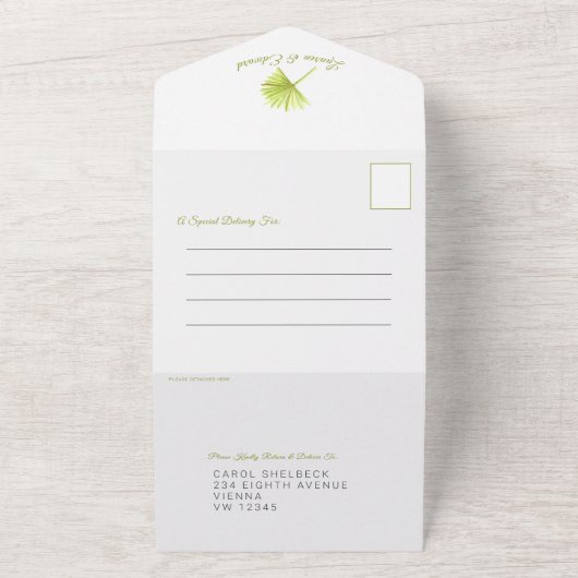 Bruiloft tropische palmschijfjes waterverf groen w all in one uitnodiging (Buitenkant)