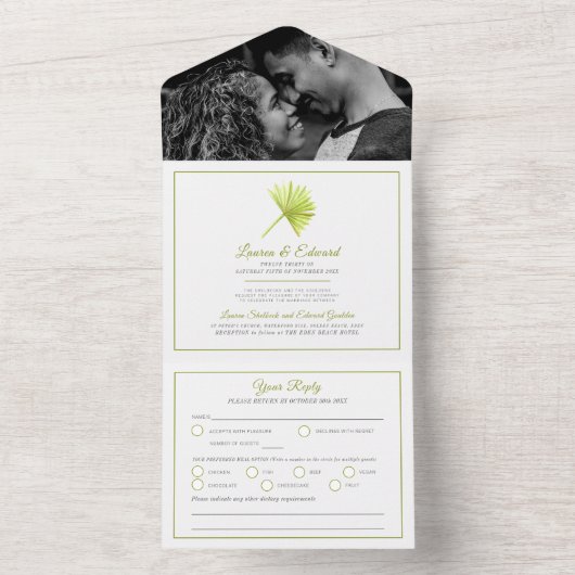 Bruiloft tropische palmschijfjes waterverf groen w all in one uitnodiging (Binnen)