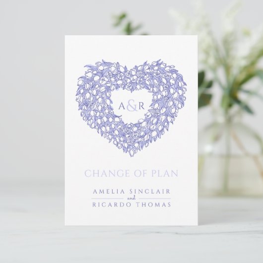 Bruiloft tulp boeket monogram blauw wit veranderin informatiekaartje (Staand voorkant)