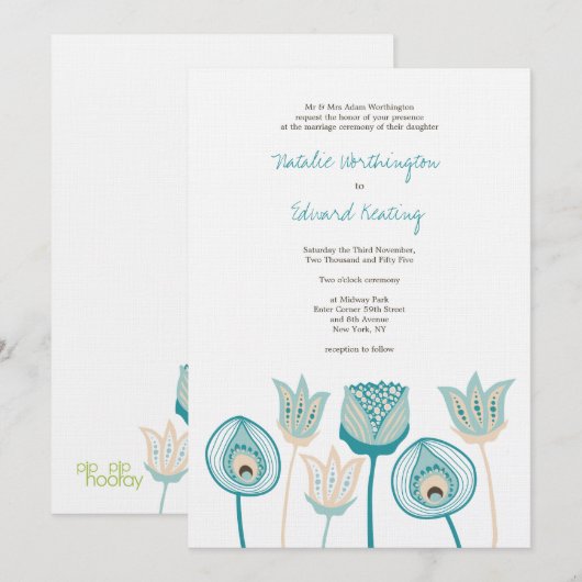 Bruiloft Turquoise Blauw Ivoor Funky Bloemen Kaart (Voorkant / Achterkant)