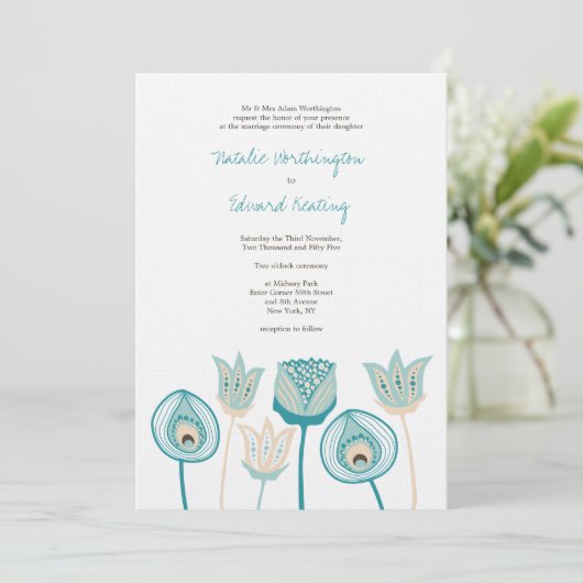 Bruiloft Turquoise Blauw Ivoor Funky Bloemen Kaart (Staand voorkant)