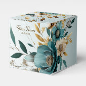 Bruiloft Turquoise witte bloem gouden bladeren Bedankdoosjes (Voorkant Zijde)