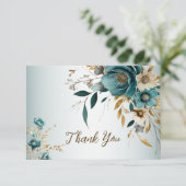 Bruiloft Turquoise witte bloem gouden bladeren Bedankkaart (Staand voorkant)
