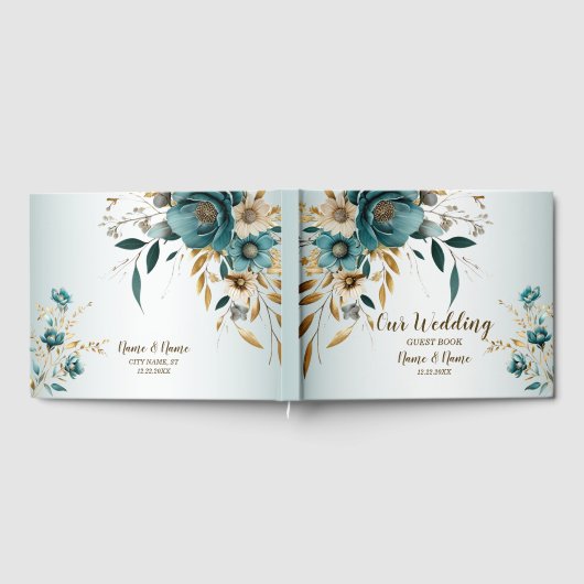 Bruiloft Turquoise witte bloem gouden bladeren Gastenboek (Volledig)