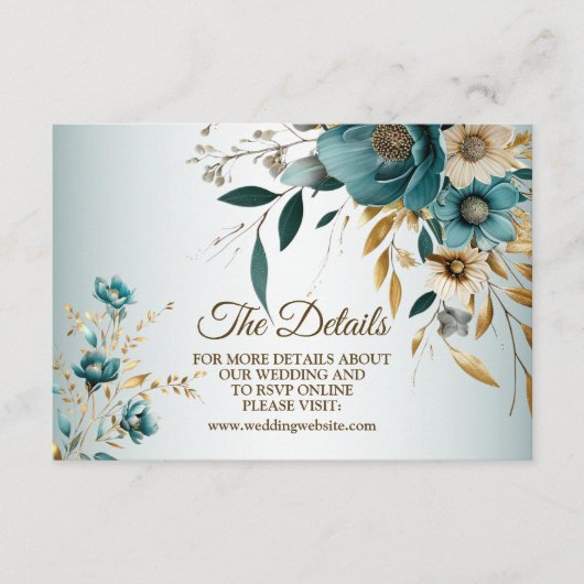 Bruiloft Turquoise witte bloem gouden bladeren Informatiekaartje (Voorkant)