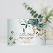 Bruiloft Turquoise witte bloem gouden bladeren Informatiekaartje (Staand voorkant)