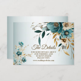 Bruiloft Turquoise witte bloem gouden bladeren Informatiekaartje