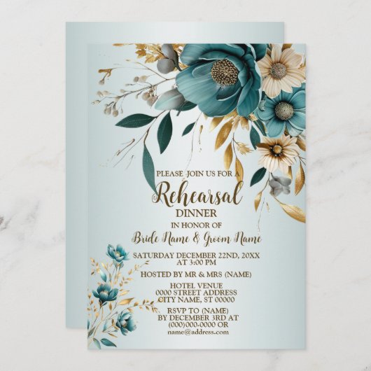 Bruiloft Turquoise witte bloem gouden bladeren Kaart (Voorkant / Achterkant)