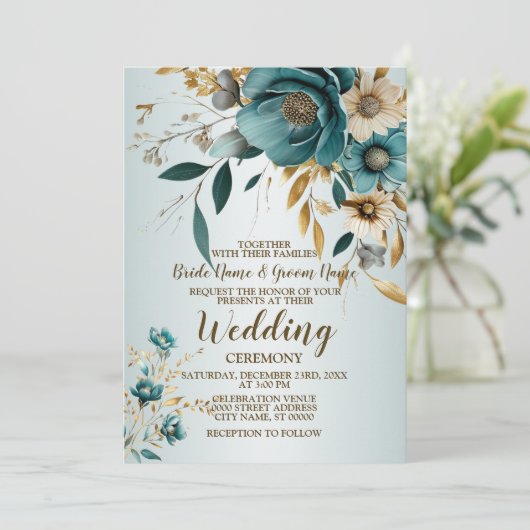 Bruiloft Turquoise witte bloem gouden bladeren Kaart (Staand voorkant)